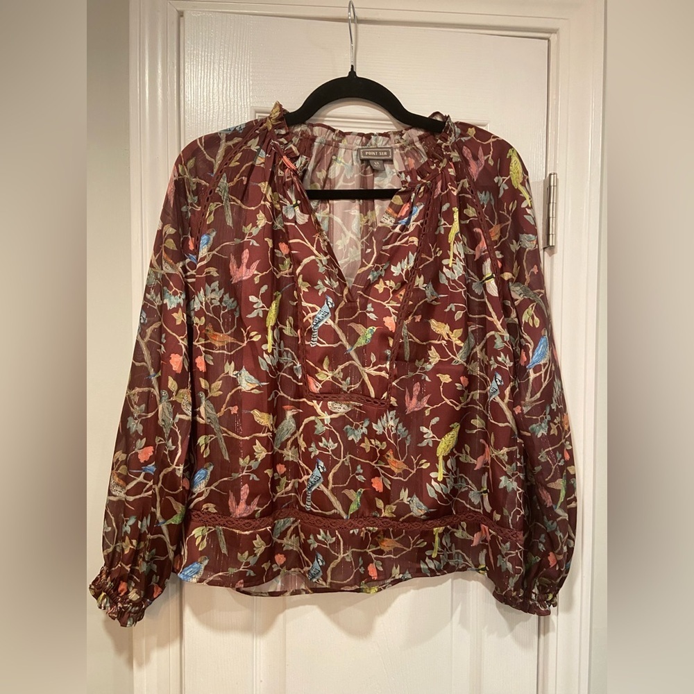 Point Sur Size XS Burgundy Lace Metallic Stripe Bird Print V Neck Peasant Top